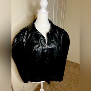 Gently worn Women Black Faux Leather Puff Sleeve Trucker Jacket Size L